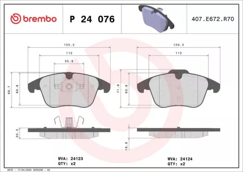 Brake Pad Set, disc brake BREMBO P 24 076X)