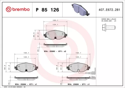 Brake Pad Set, disc brake BREMBO P 85 126X)