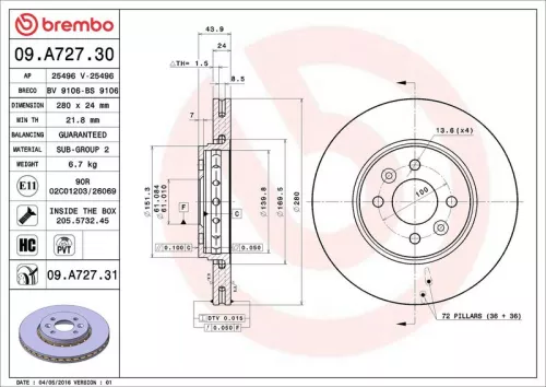 Remschijf BREMBO 09.A727.31)