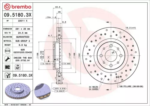 Remschijf BREMBO 09.5180.3X)