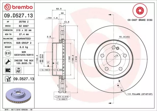 Remschijf BREMBO 09.D527.13)