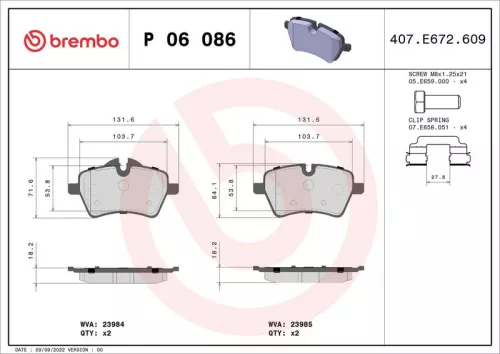 Remblokkenset, schijfrem BREMBO P 06 086)