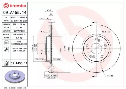 Remschijf BREMBO 09.A455.11)
