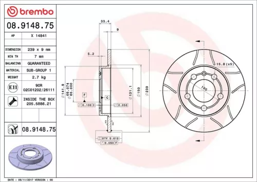 Remschijf BREMBO 08.9148.75)
