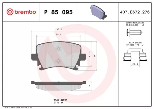 Brake Pad Set, disc brake BREMBO P 85 095)