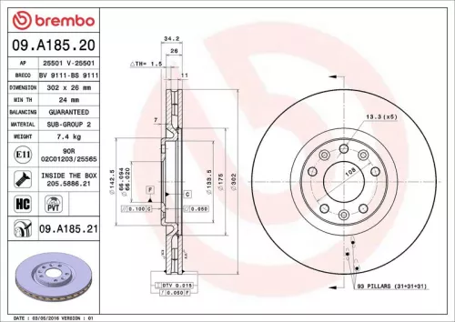 Remschijf BREMBO 09.A185.21)