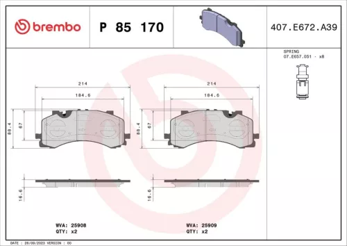 Brake Pad Set, disc brake BREMBO P 85 170)
