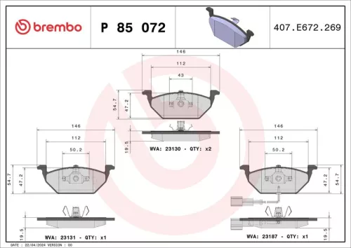 Brake Pad Set, disc brake BREMBO P 85 072X)