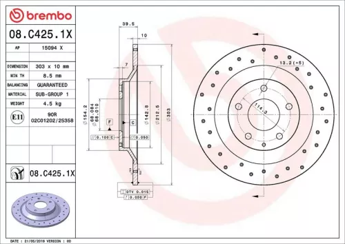 Remschijf BREMBO 08.C425.1X)