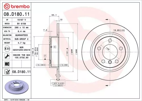 Remschijf BREMBO 08.D180.11)