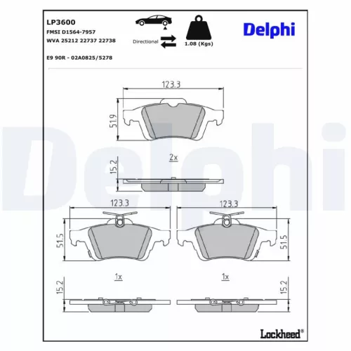 Brake Pad Set, disc brake DELPHI LP3600)