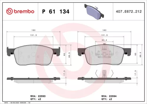 Remblokkenset, schijfrem BREMBO P 61 134)
