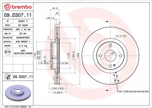 Remschijf BREMBO 09.D307.11)