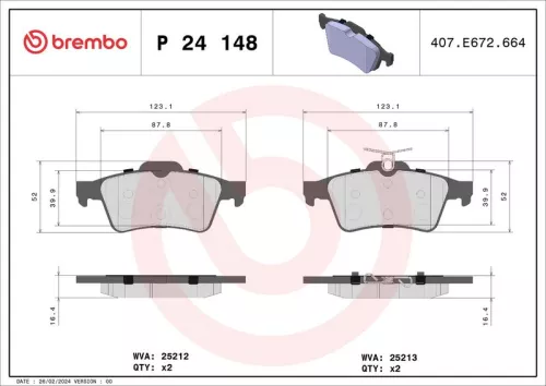 Brake Pad Set, disc brake BREMBO P 24 148X)