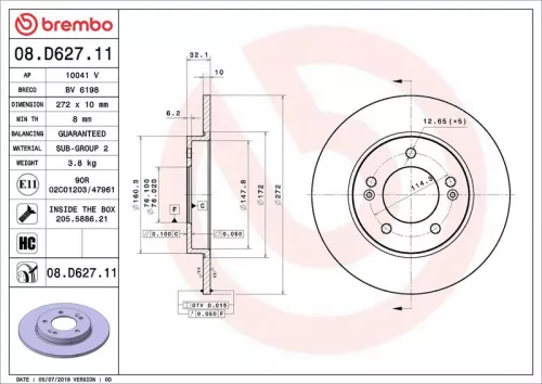Remschijf BREMBO 08.D627.11)