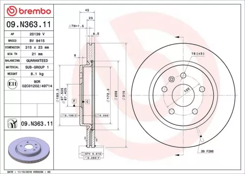 Remschijf BREMBO 09.N363.11)