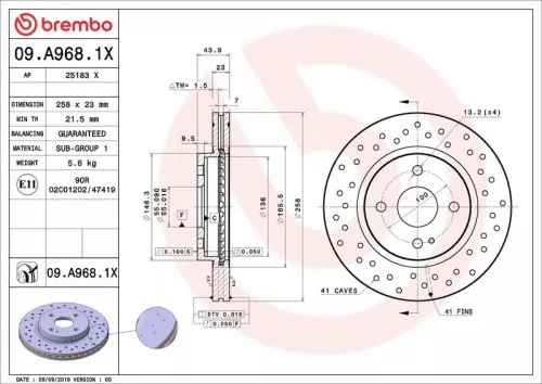 Remschijf BREMBO 09.A968.1X)
