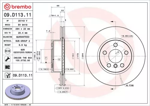 Remschijf BREMBO 09.D113.11)