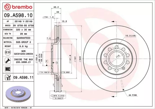 Remschijf BREMBO 09.A598.11)