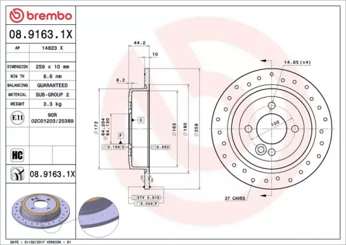 Remschijf BREMBO 08.9163.1X)