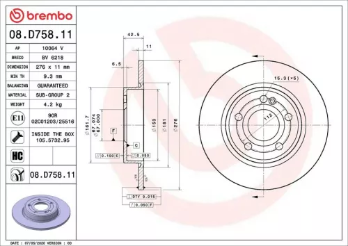 Remschijf BREMBO 08.D758.11)