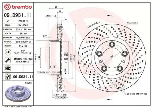 Remschijf BREMBO 09.D931.11)