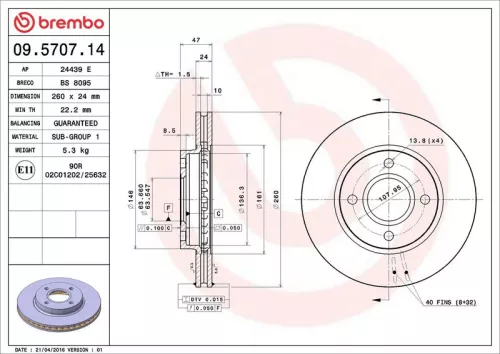 Remschijf BREMBO 09.5707.14)