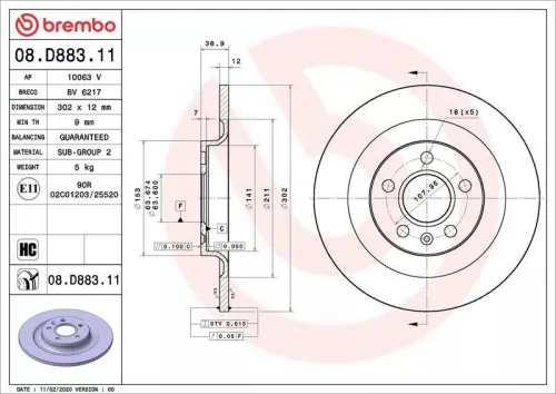 Remschijf BREMBO 08.D883.11)