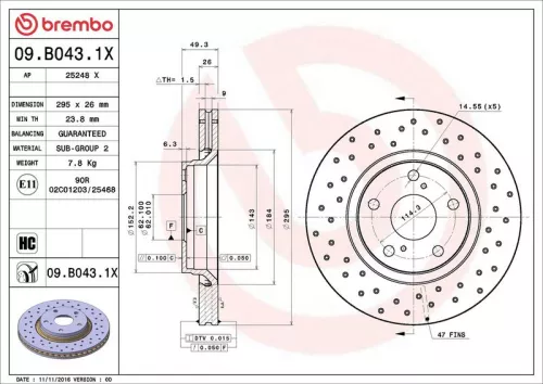 Remschijf BREMBO 09.B043.1X)