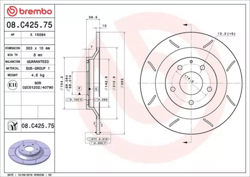 Remschijf BREMBO 08.C425.75)