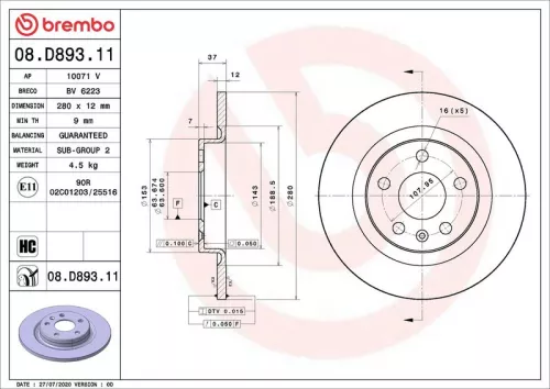 Remschijf BREMBO 08.D893.11)