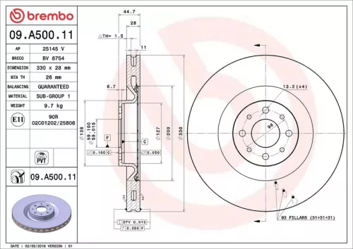 Remschijf BREMBO 09.A500.11)