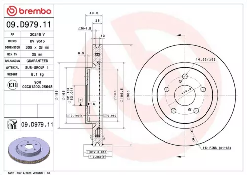 Remschijf BREMBO 09.D979.11)