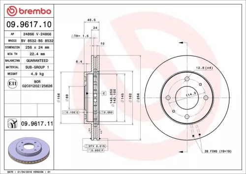 Remschijf BREMBO 09.9617.11)
