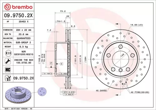 Remschijf BREMBO 09.9750.2X)