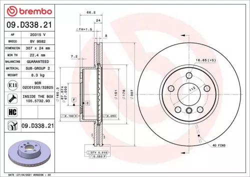 Remschijf BREMBO 09.D338.21)