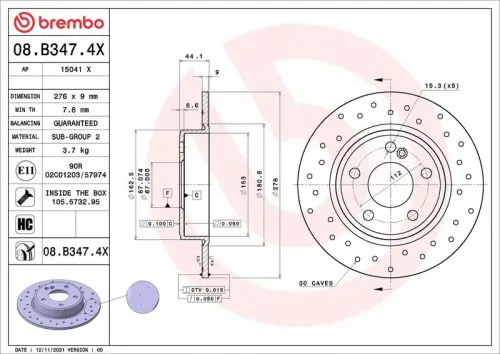 Remschijf BREMBO 08.B347.4X)