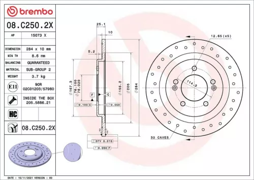 Remschijf BREMBO 08.C250.2X)