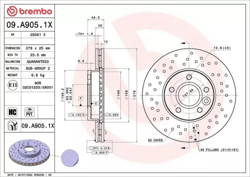 Brake Disc BREMBO 09.A905.1X)