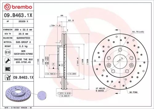 Remschijf BREMBO 09.B463.1X)