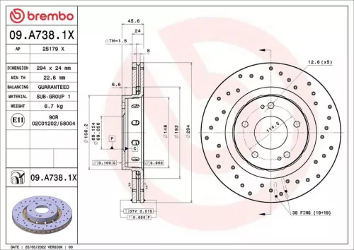 Remschijf BREMBO 09.A738.1X)