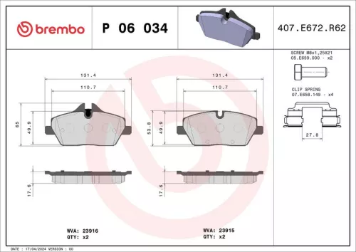 Remblokkenset, schijfrem BREMBO P 06 034)