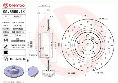 Remschijf BREMBO 09.B569.1X)
