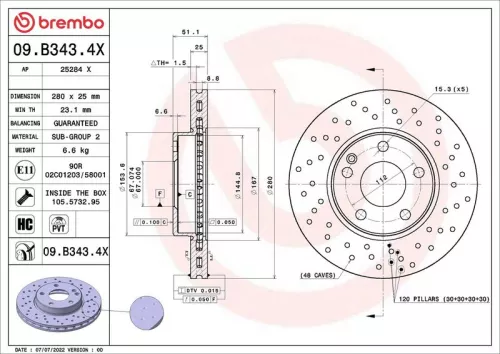 Remschijf BREMBO 09.B343.4X)