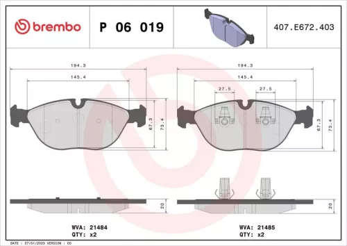 Remblokkenset, schijfrem BREMBO P 06 019)