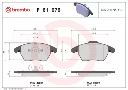 Brake Pad Set, disc brake BREMBO P 61 076)