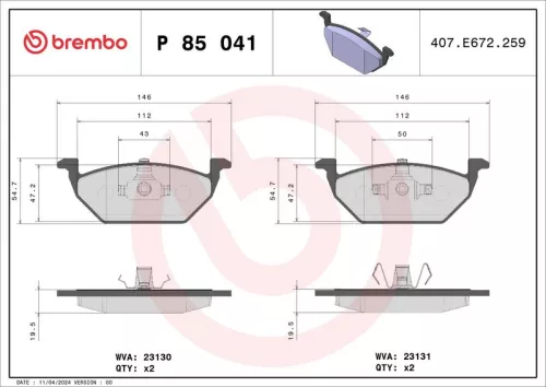 Brake Pad Set, disc brake BREMBO P 85 041X)