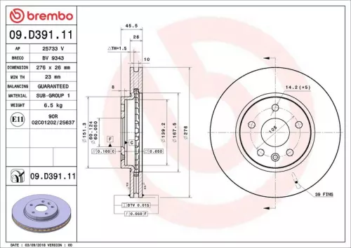 Remschijf BREMBO 09.D391.11)