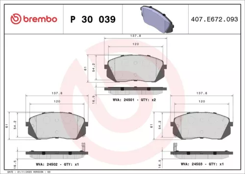 Brake Pad Set, disc brake BREMBO P 30 039)