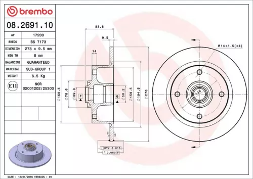 Remschijf BREMBO 08.2691.10)
